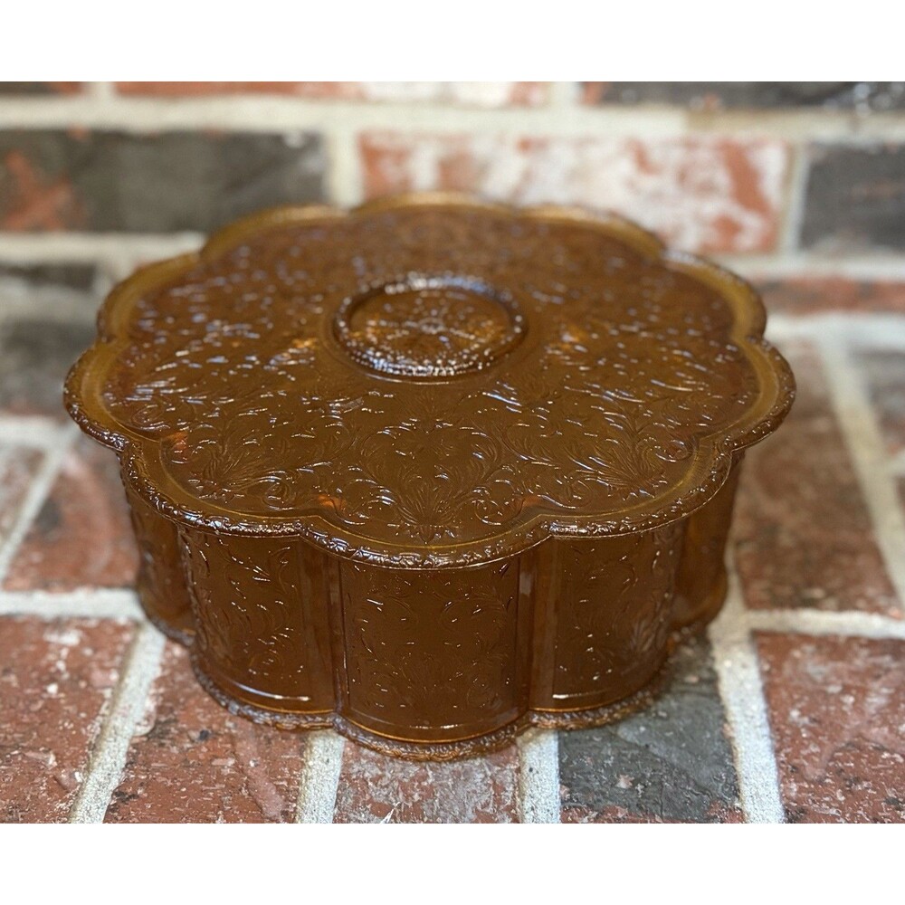 Vtg Sewing Box Amber Flower Shaped Hard Plastic Ornate